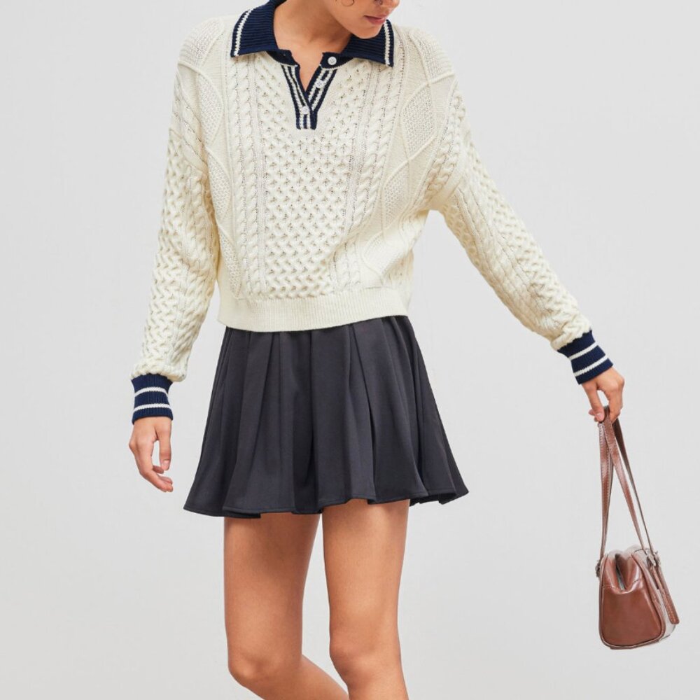 Cider USA Cable Knit Polo Collar Solid Contrasting Binding Sweater